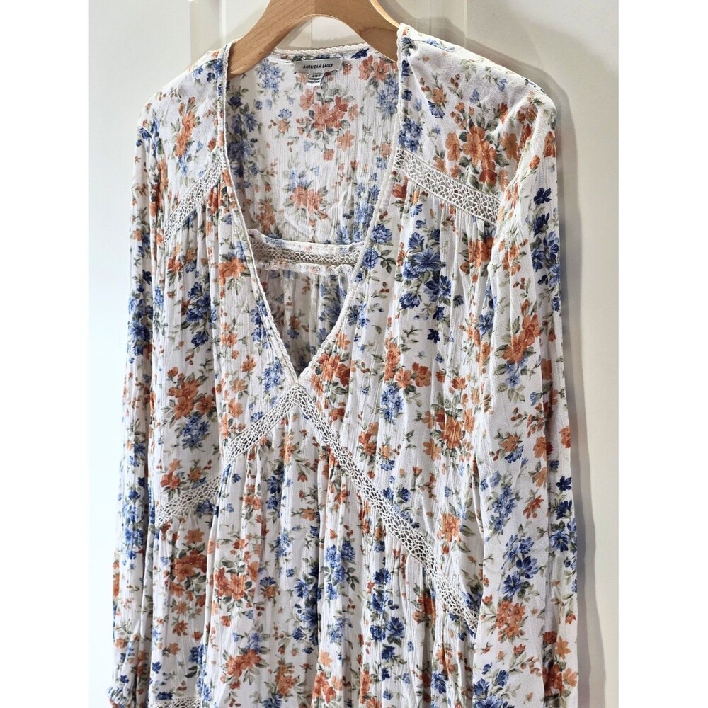 American Eagle Women L Floral Peplum Blouse Lace Cottagecore Prairie Boho Cute - Picture 4 of 12